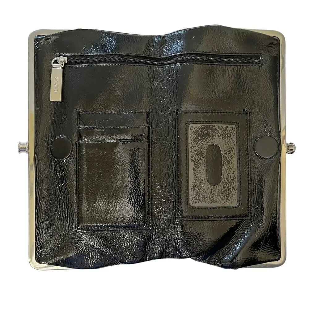HOBO Lauren Black Crinkle Patent Leather Double-Frame Wallet Clutch Purse